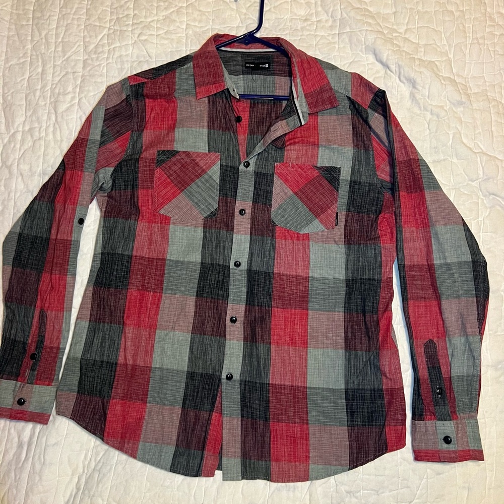Ocean Current Plaid Button-Up Shirt Red/Black/Gray XL Long Sleeve western Mens